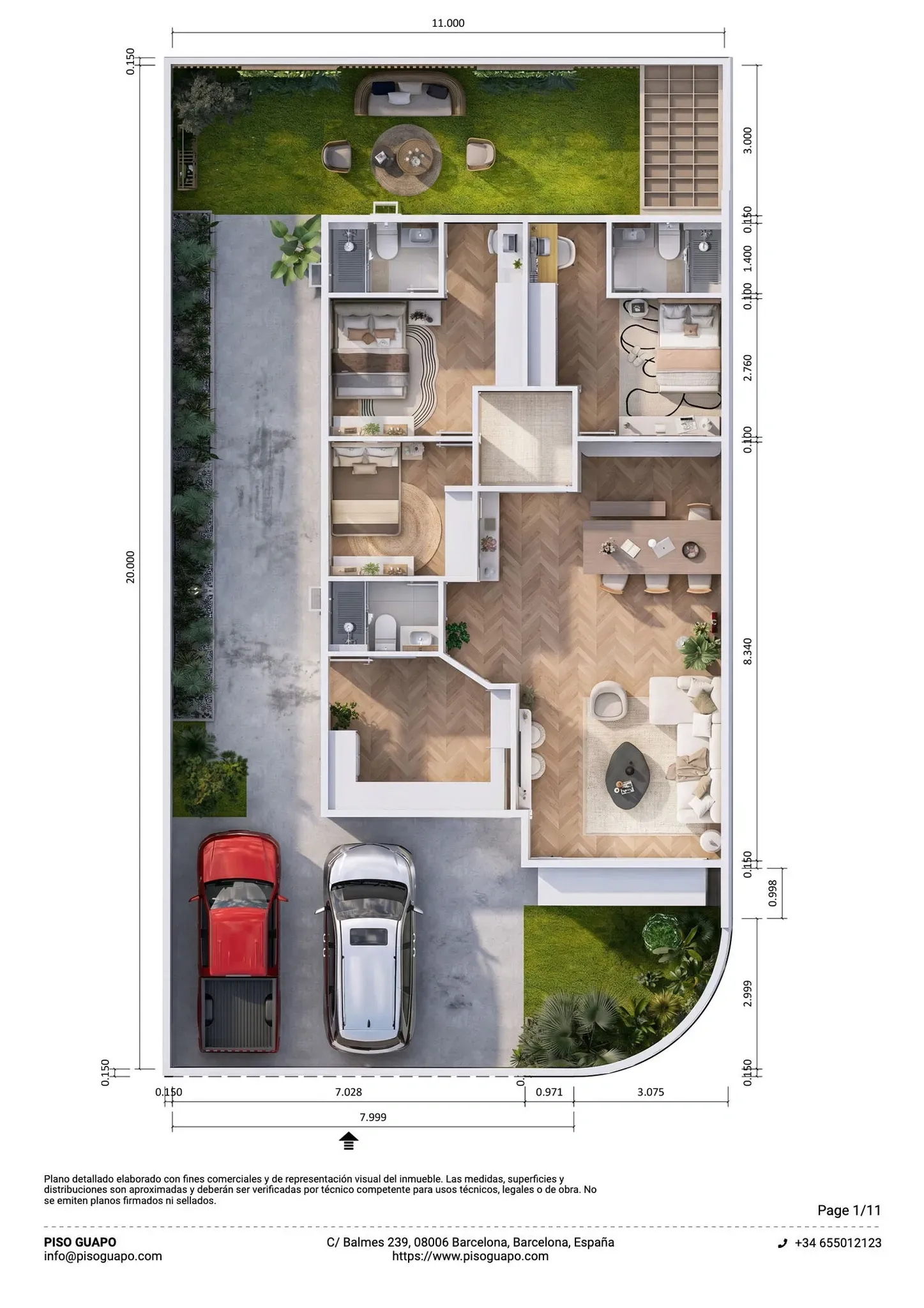 Plano inmobiliario 3D con medidas de vivienda en Barcelona con jardín, zona de aparcamiento, habitaciones, baños y salón comedor