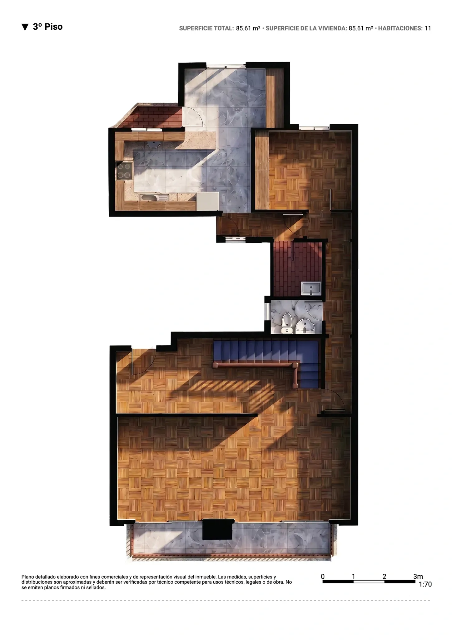 Plano inmobiliario 3D sin medidas del tercer piso en Barcelona con distribución de salón comedor, cocina, habitación, baño, lavandería y balcones