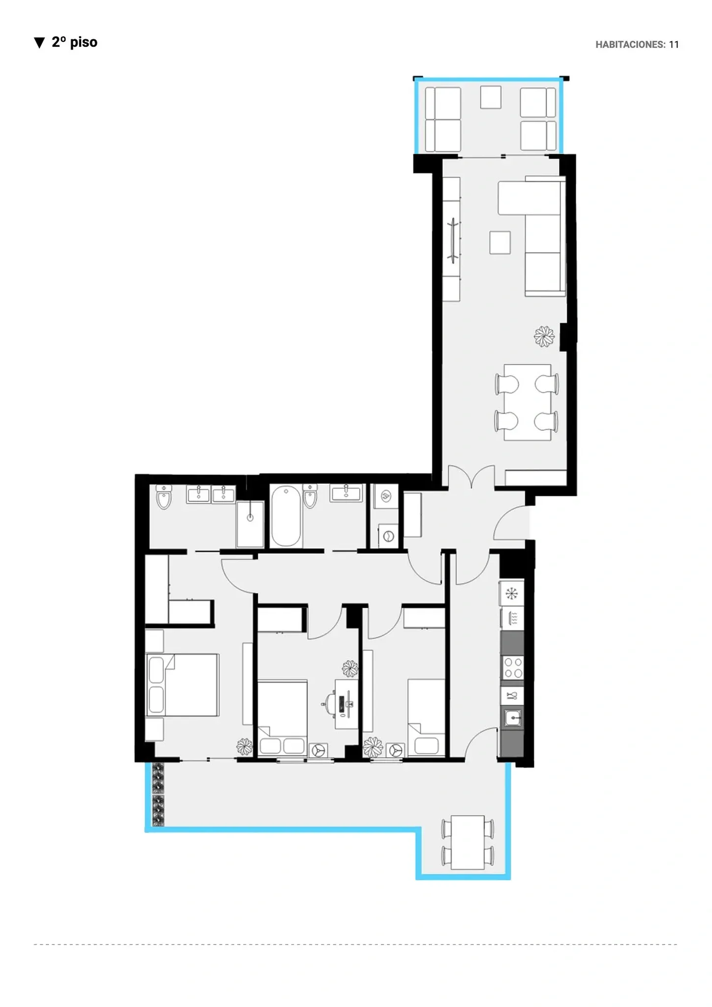 Plano inmobiliario 2D sin medidas del segundo piso en Barcelona con salón comedor, cocina, habitaciones, baños, terraza y balcón