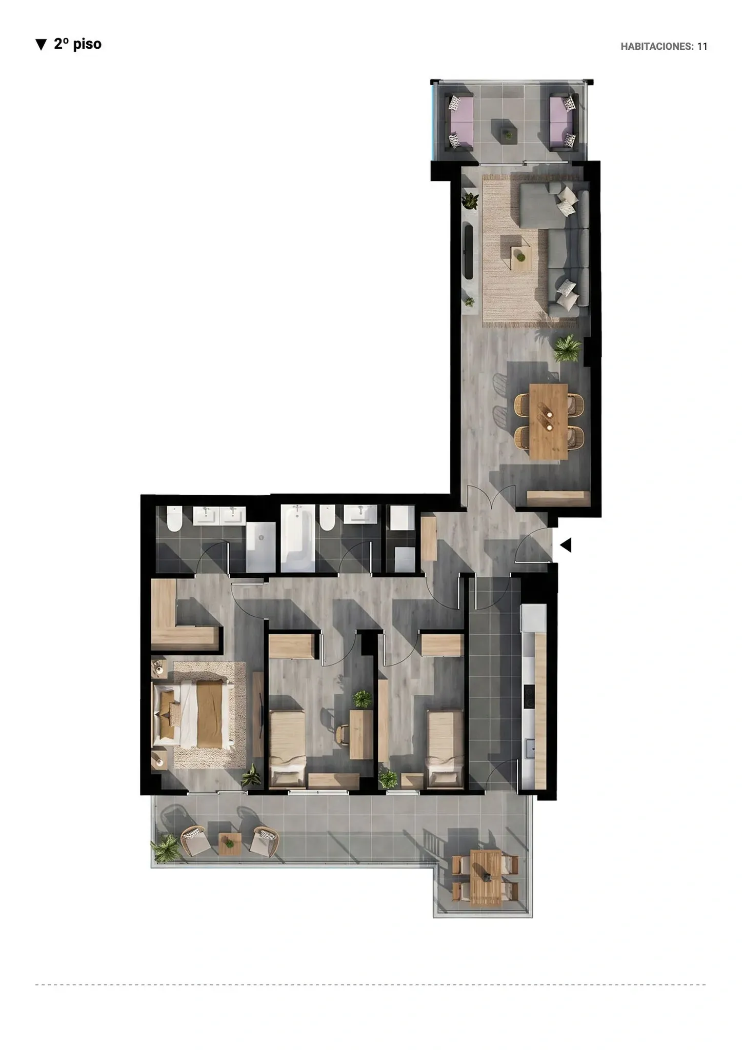 Plano inmobiliario 3D sin medidas del segundo piso en Barcelona con salón comedor, cocina, habitaciones, baños, terraza y balcón
