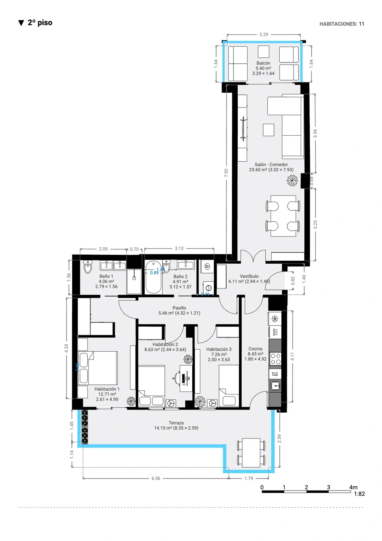 Plano inmobiliario 2D con medidas del segundo piso en Barcelona con salón comedor, cocina, tres habitaciones, dos baños, terraza y balcón