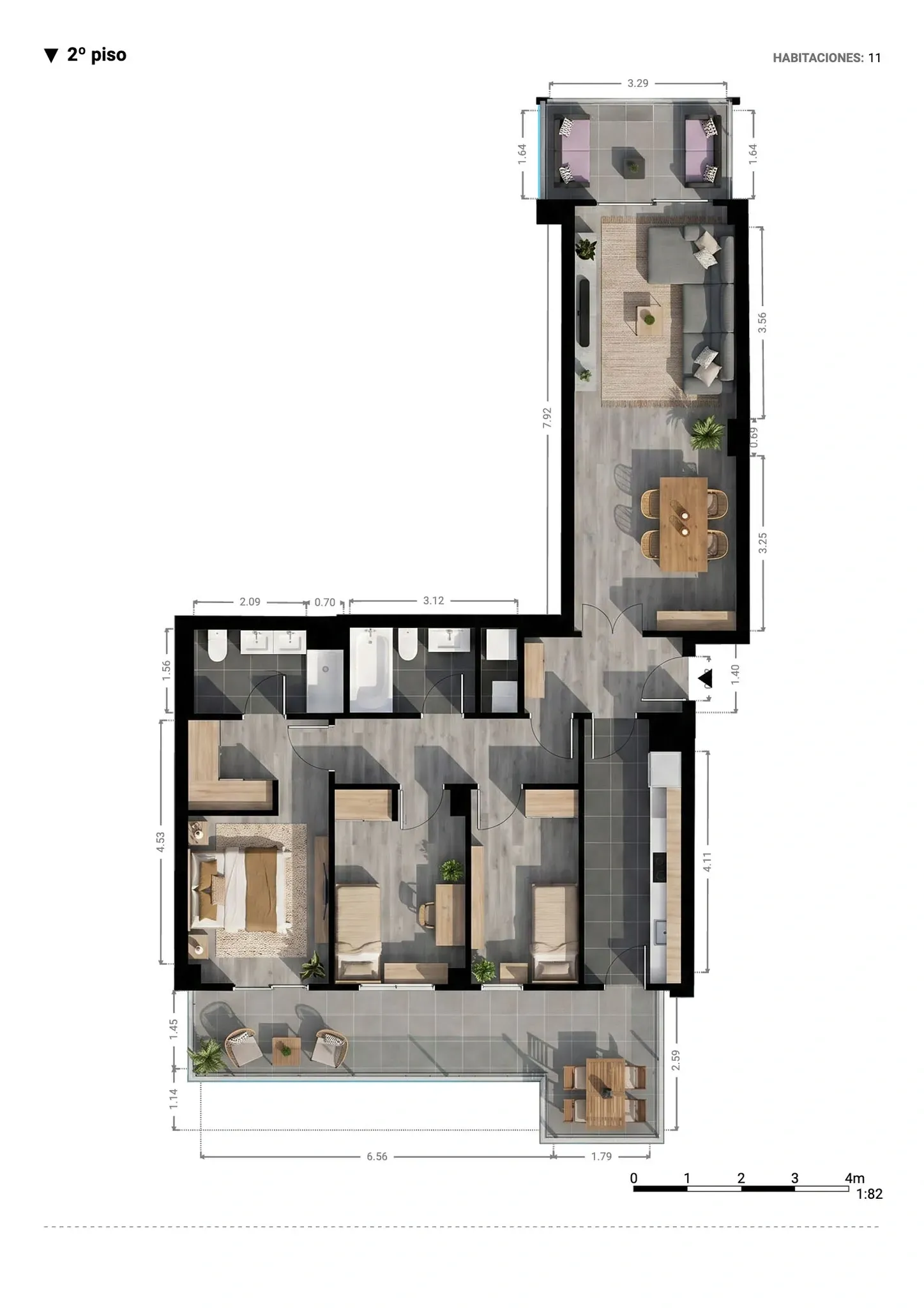 Plano inmobiliario 3D con medidas del segundo piso en Barcelona con salón comedor, cocina, tres habitaciones, dos baños, terraza y balcón