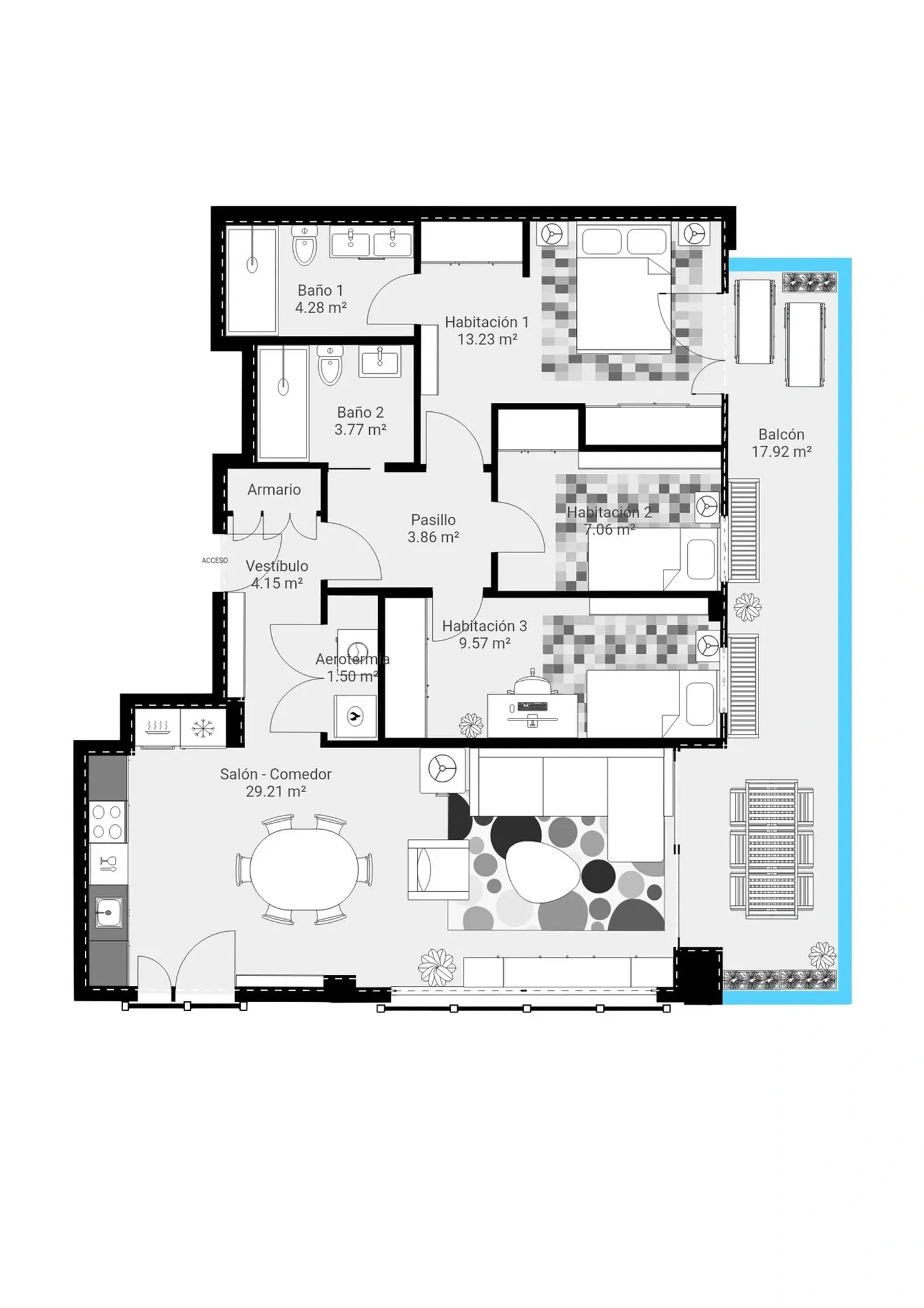 Plano inmobiliario 2D sin medidas de vivienda en Barcelona con salón comedor, cocina, tres habitaciones, dos baños, armario, aerotermia y balcón
