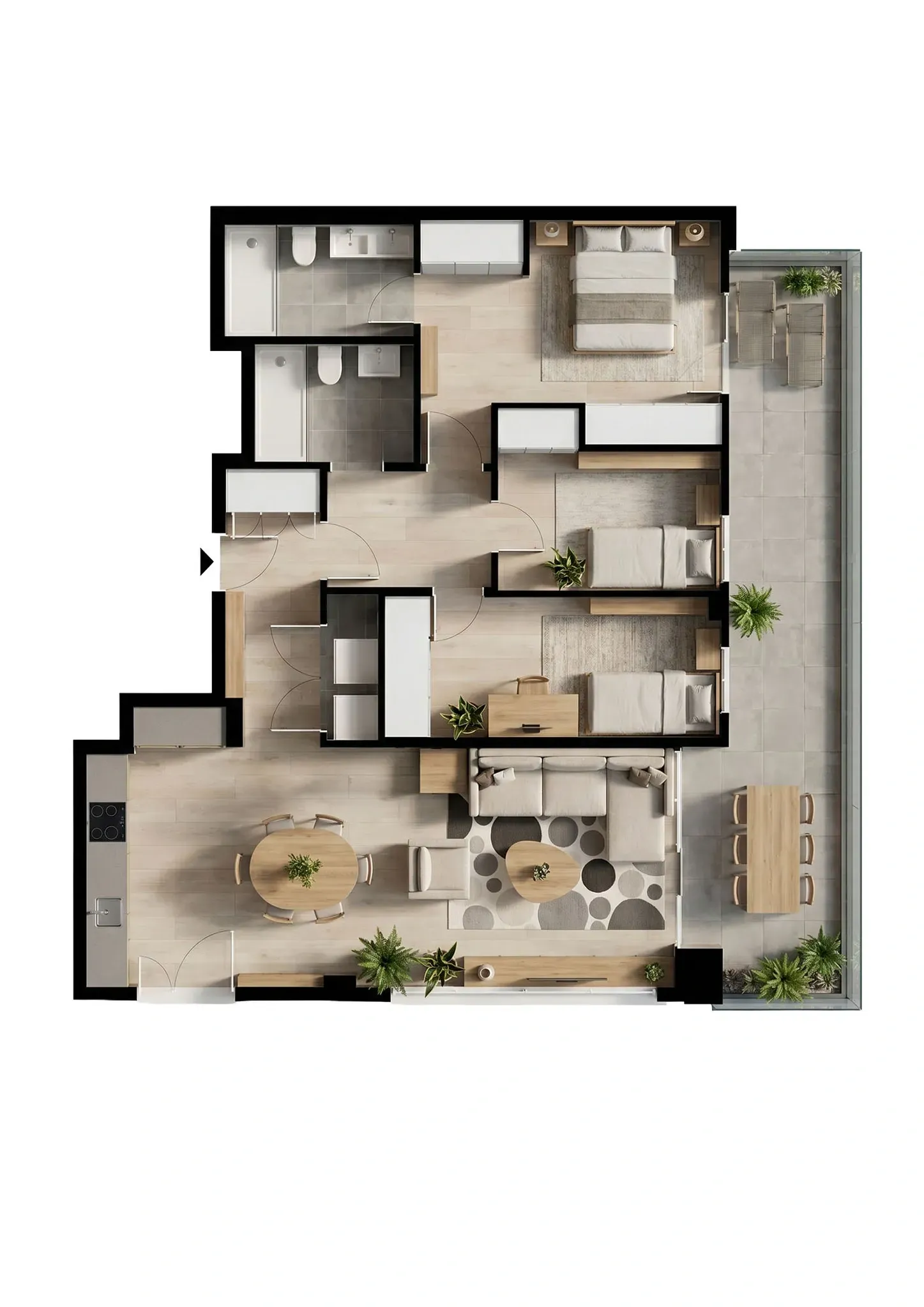 Plano inmobiliario 3D sin medidas de vivienda en Barcelona con salón comedor, cocina, tres dormitorios, dos baños y gran balcón lateral