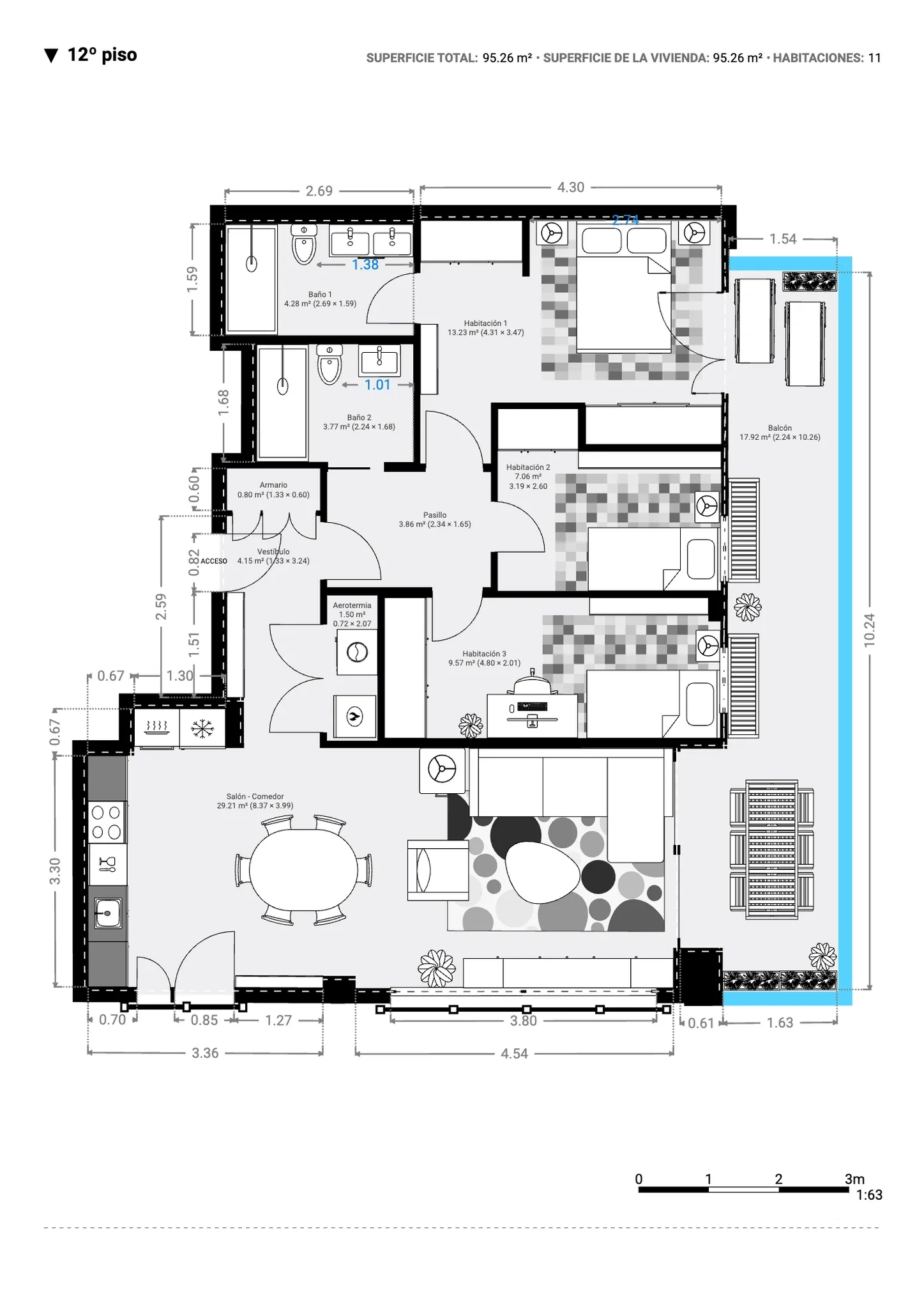 Plano inmobiliario 2D con medidas del duodécimo piso en Barcelona, vivienda de 95,26 m² con tres habitaciones, dos baños y balcón
