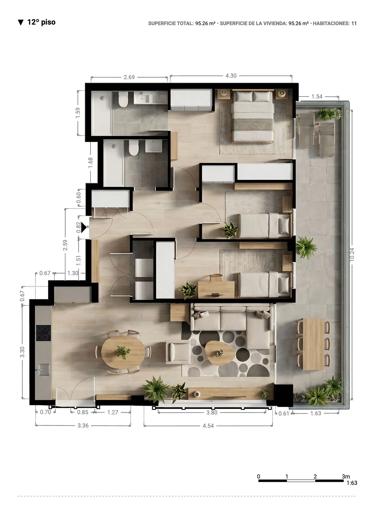 Plano inmobiliario 3D con medidas del duodécimo piso en Barcelona, vivienda de 95,26 m² con salón comedor, cocina, tres dormitorios, dos baños y balcón