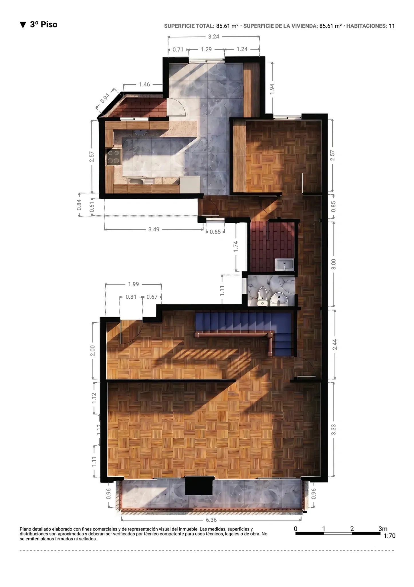 Plano inmobiliario 3D con medidas del tercer piso en Barcelona, vivienda de 85,61 m² con distribución interior detallada