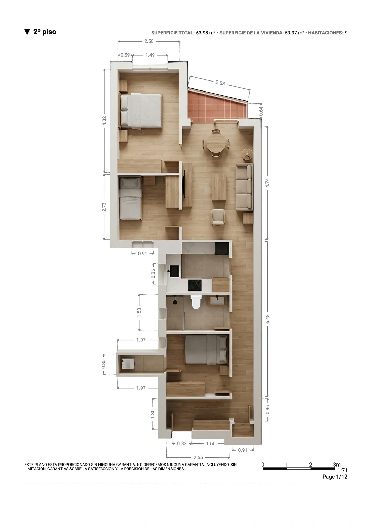 Plano inmobiliario 3D con medidas del segundo piso en Barcelona, vivienda de 63,98 m² con tres habitaciones, salón comedor, cocina, baño y balcón