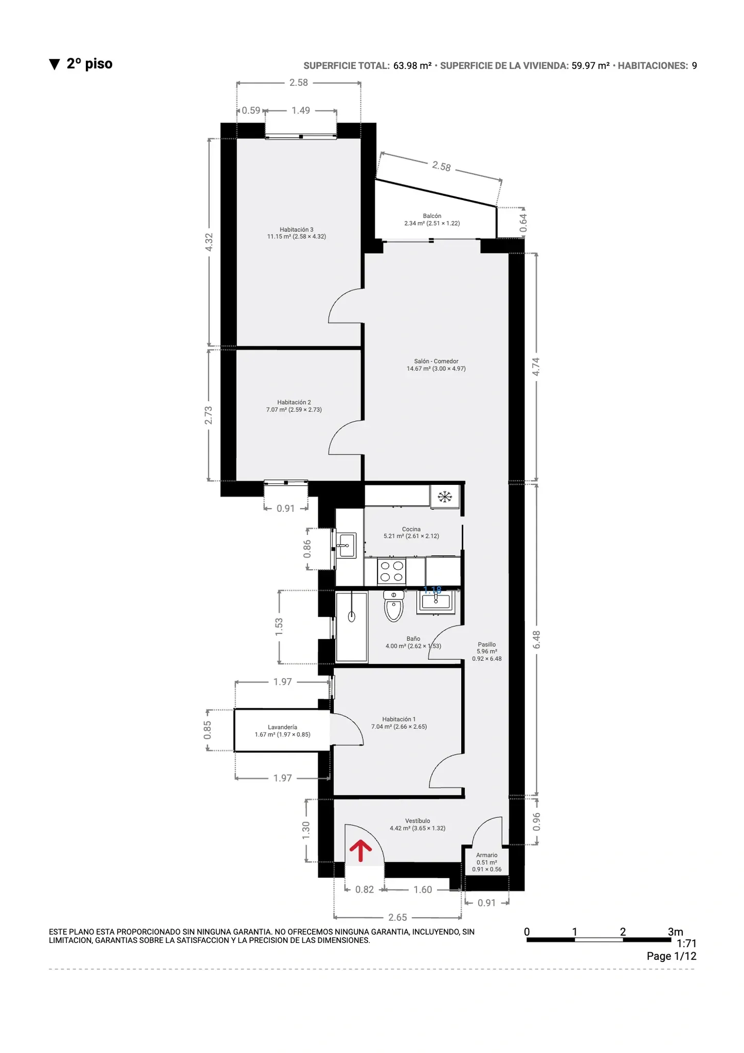 Plano inmobiliario 2D con medidas del segundo piso en Barcelona, vivienda de 59,97 m² con tres habitaciones, cocina, baño, lavandería y balcón