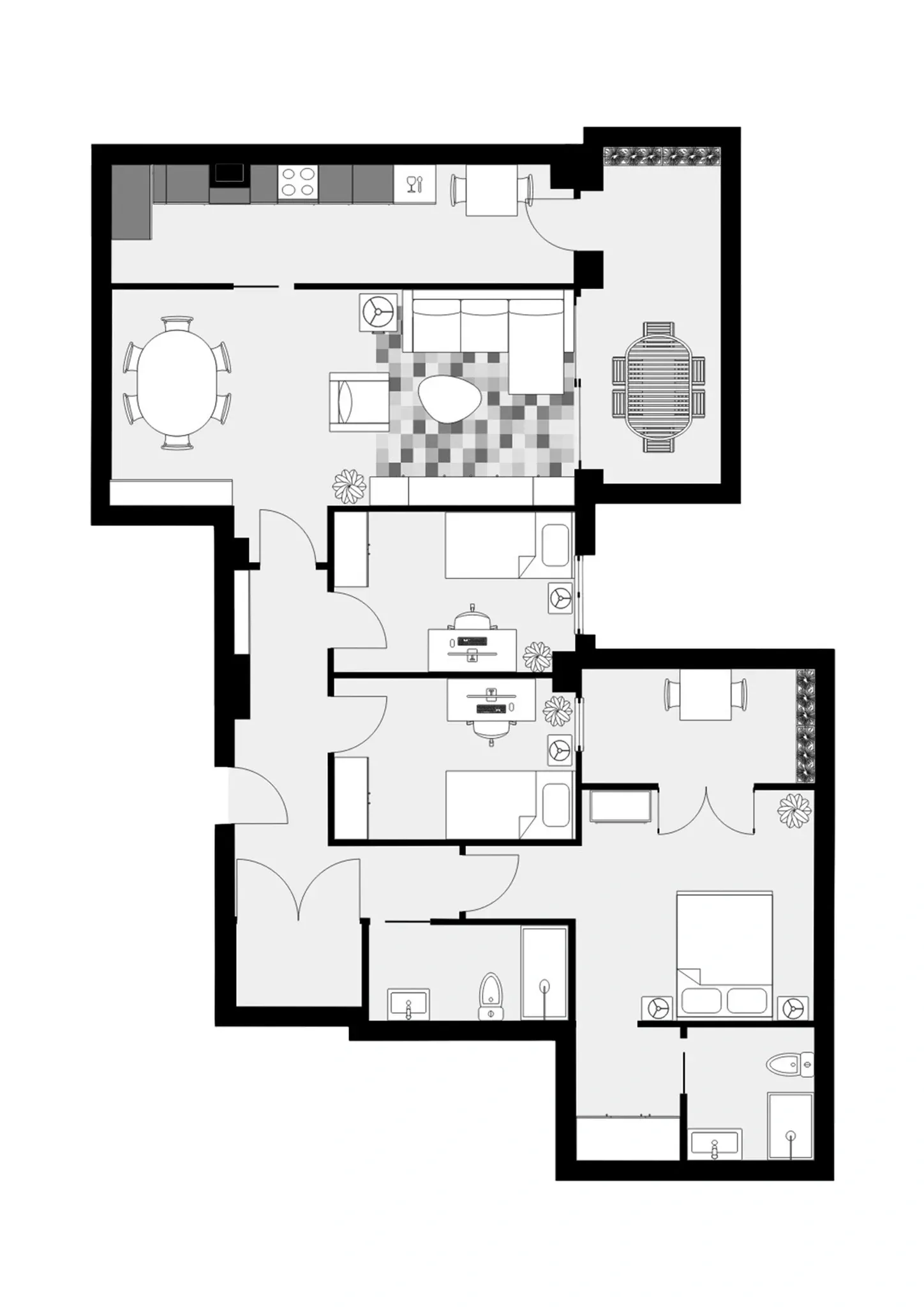 Plano inmobiliario 2D sin medidas de vivienda en Barcelona con cocina abierta, salón comedor, habitaciones, baños y dos balcones