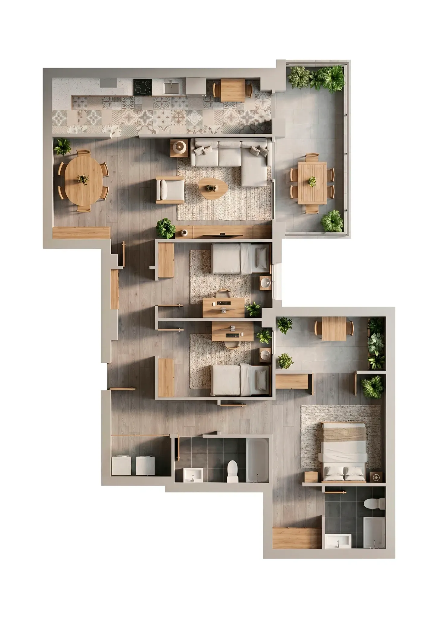 Plano inmobiliario 3D sin medidas de vivienda en Barcelona con cocina abierta, salón comedor, dormitorios, baños y terrazas