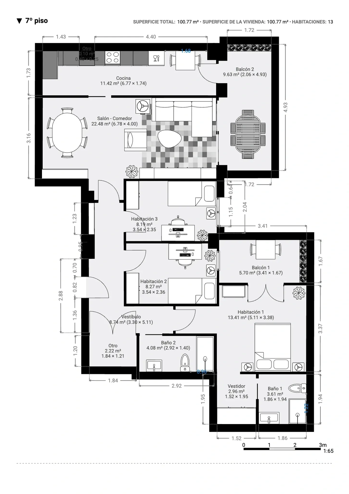 Plano inmobiliario 2D con medidas del séptimo piso en Barcelona, vivienda de 100,77 m² con salón comedor, cocina, tres habitaciones, dos baños, vestidor y dos balcones