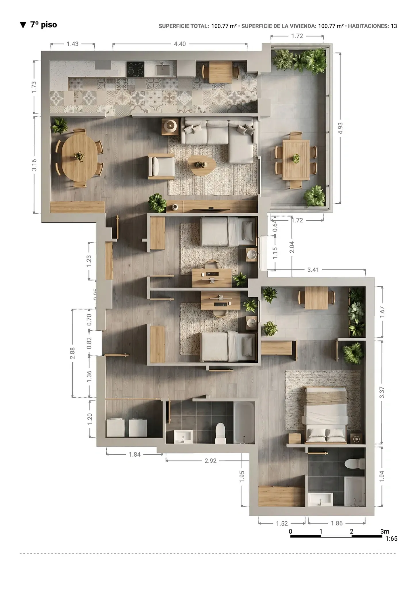 Plano inmobiliario 3D con medidas del séptimo piso en Barcelona, vivienda de 100,77 m² con salón comedor, cocina, tres habitaciones, dos baños, vestidor y dos balcones