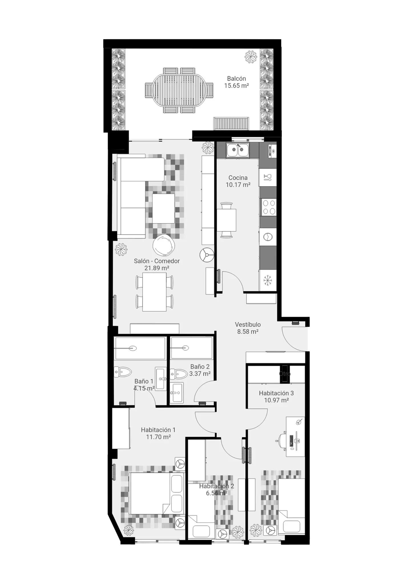 Plano inmobiliario 2D sin medidas de vivienda en Barcelona con salón comedor, cocina, tres habitaciones, dos baños, vestíbulo y balcón amplio