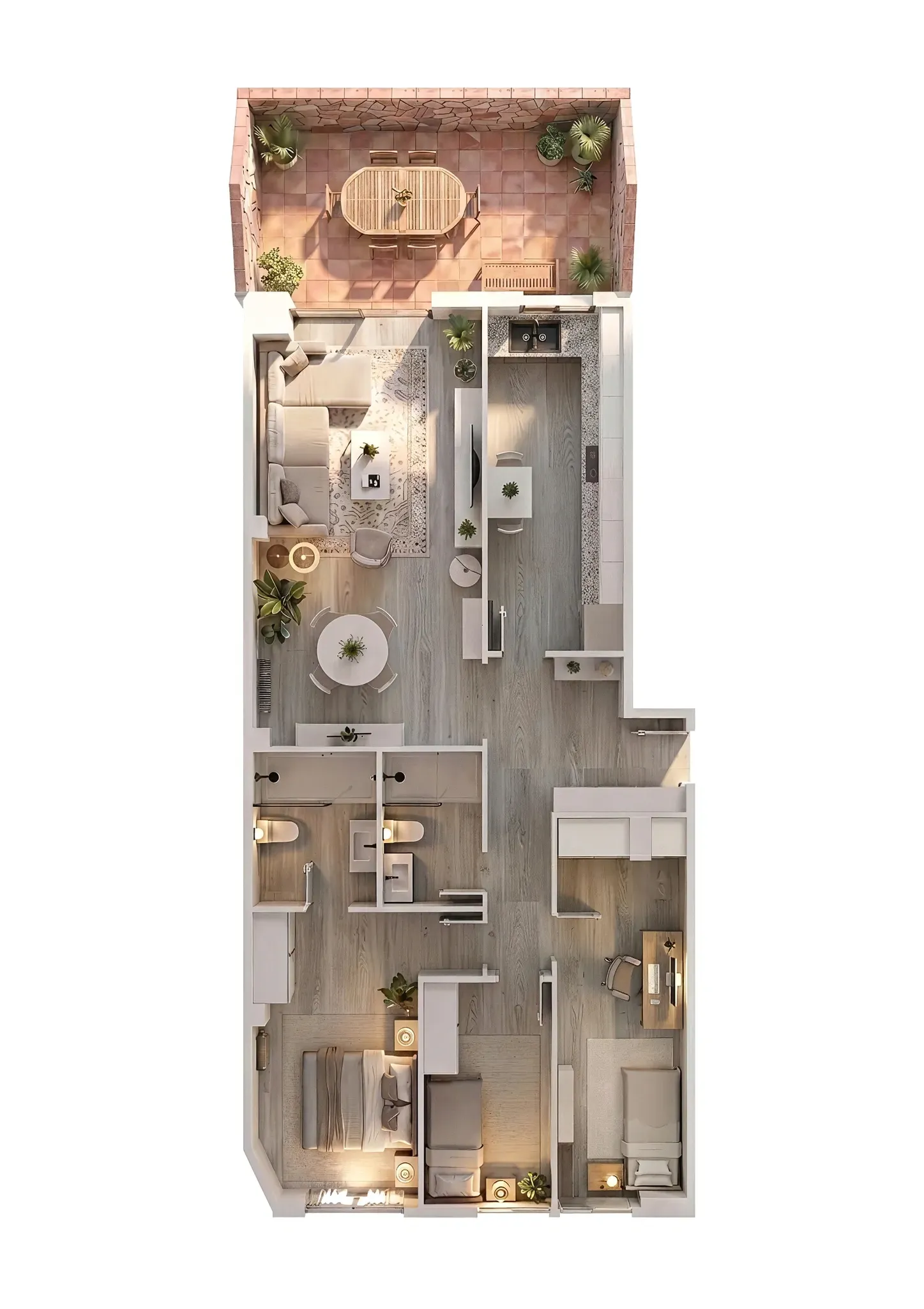 Plano inmobiliario 3D sin medidas de vivienda en Barcelona con salón comedor, cocina, tres dormitorios, dos baños y balcón amueblado