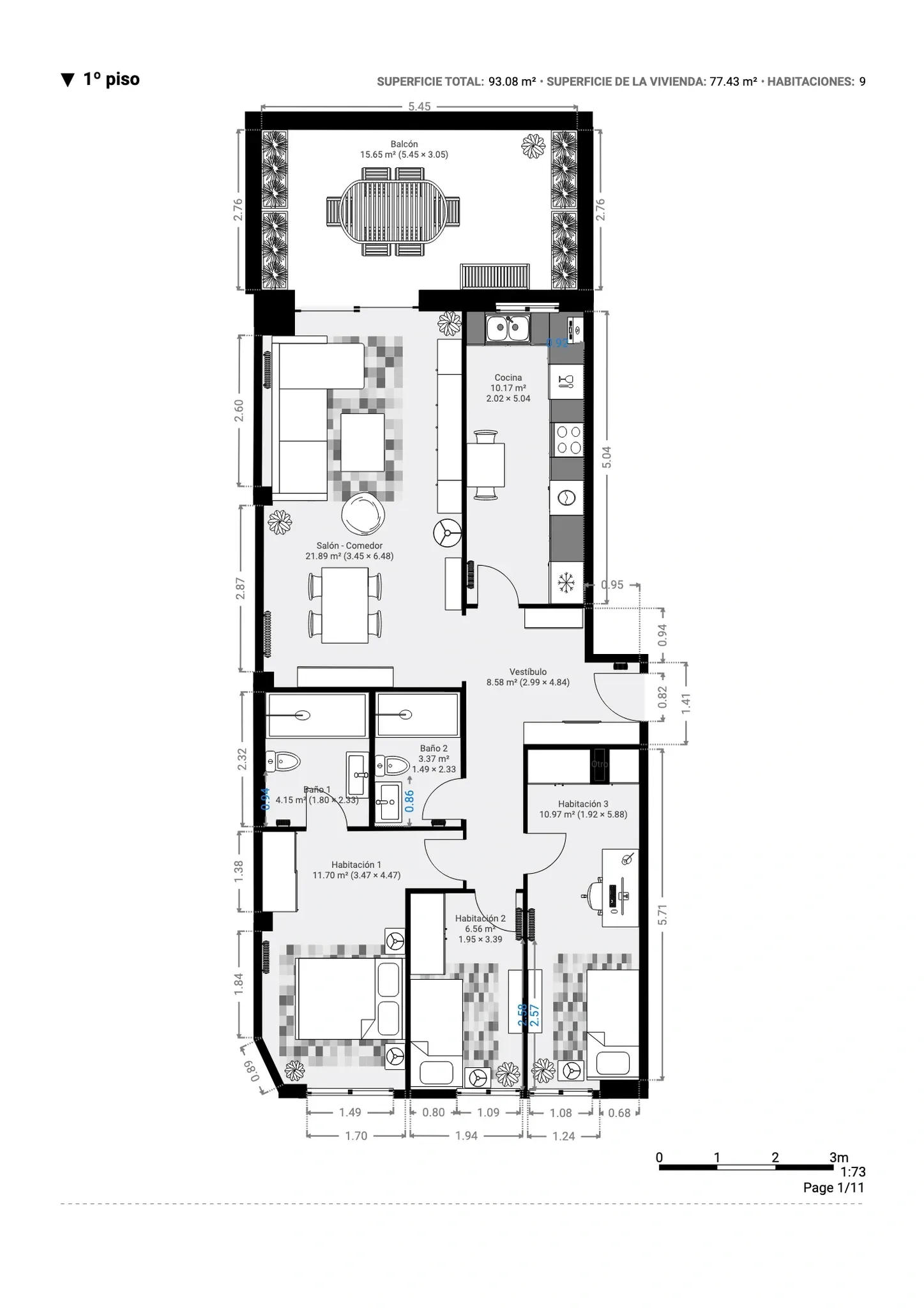 Plano inmobiliario 2D con medidas del primer piso en Barcelona, vivienda de 77,43 m² con salón comedor, cocina, tres habitaciones, dos baños y balcón
