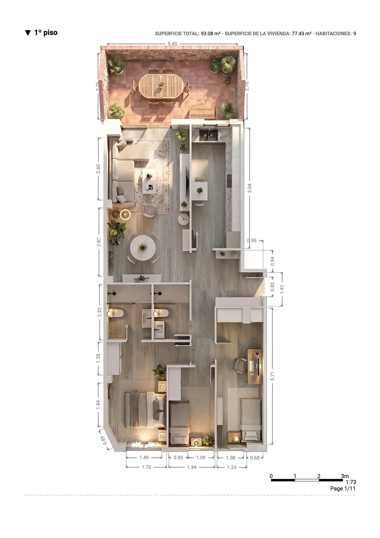 Plano inmobiliario 3D con medidas del primer piso en Barcelona, vivienda de 77,43 m² con salón comedor, cocina, tres dormitorios, dos baños y terraza