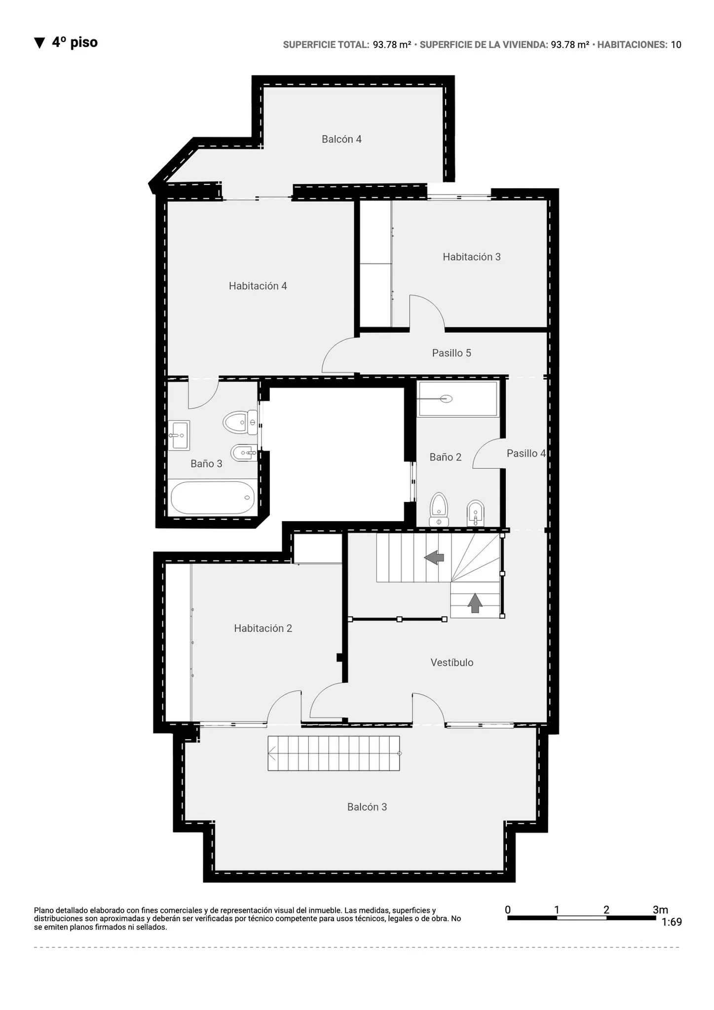 Plano inmobiliario 2D sin medidas del cuarto piso en Barcelona con cuatro habitaciones, dos baños, vestíbulo, pasillos y balcones