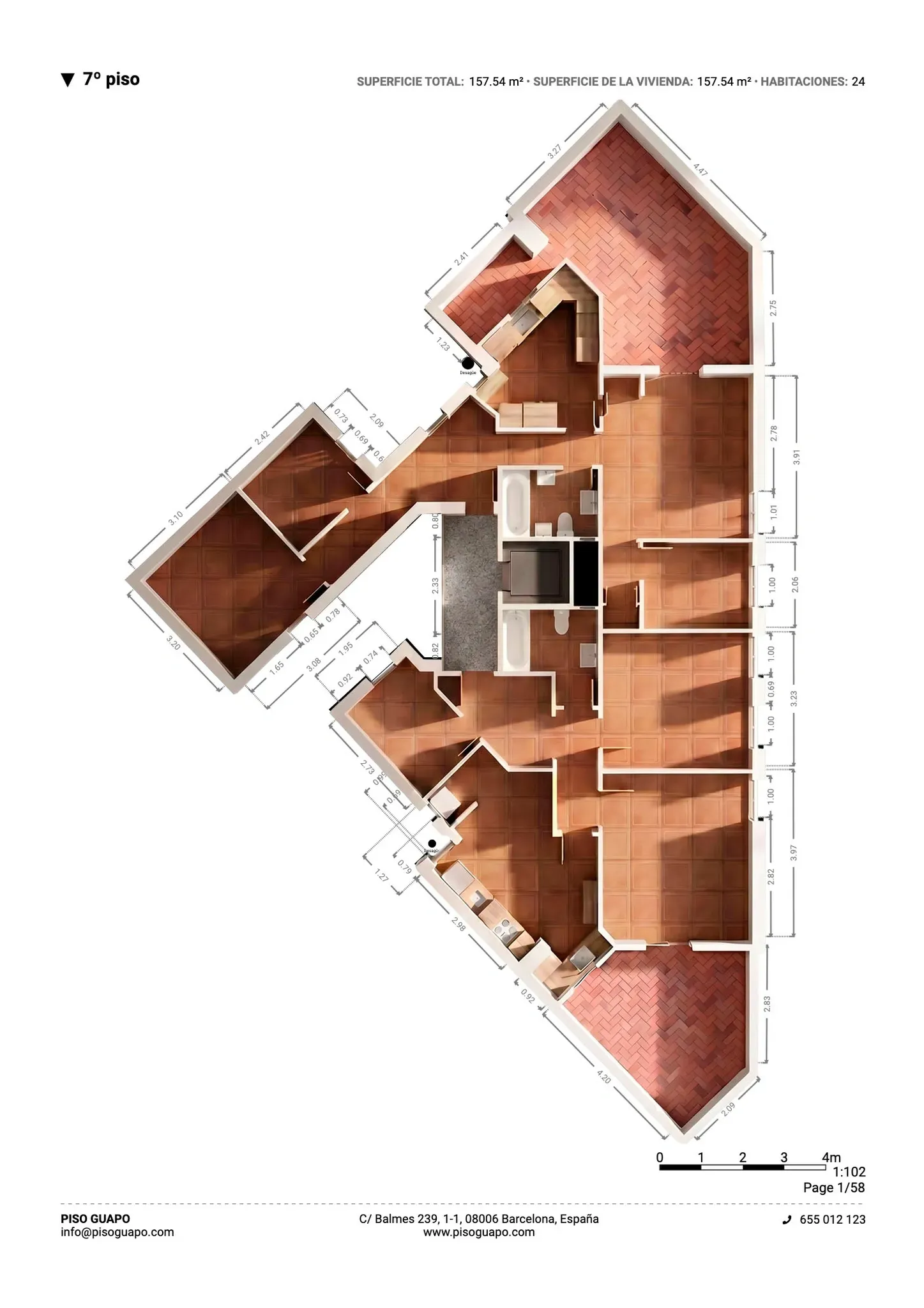 Plano inmobiliario 3D con medidas del séptimo piso en Barcelona, vivienda de 157,54 m² con distribución amplia, varias habitaciones, baños, cocina y terrazas