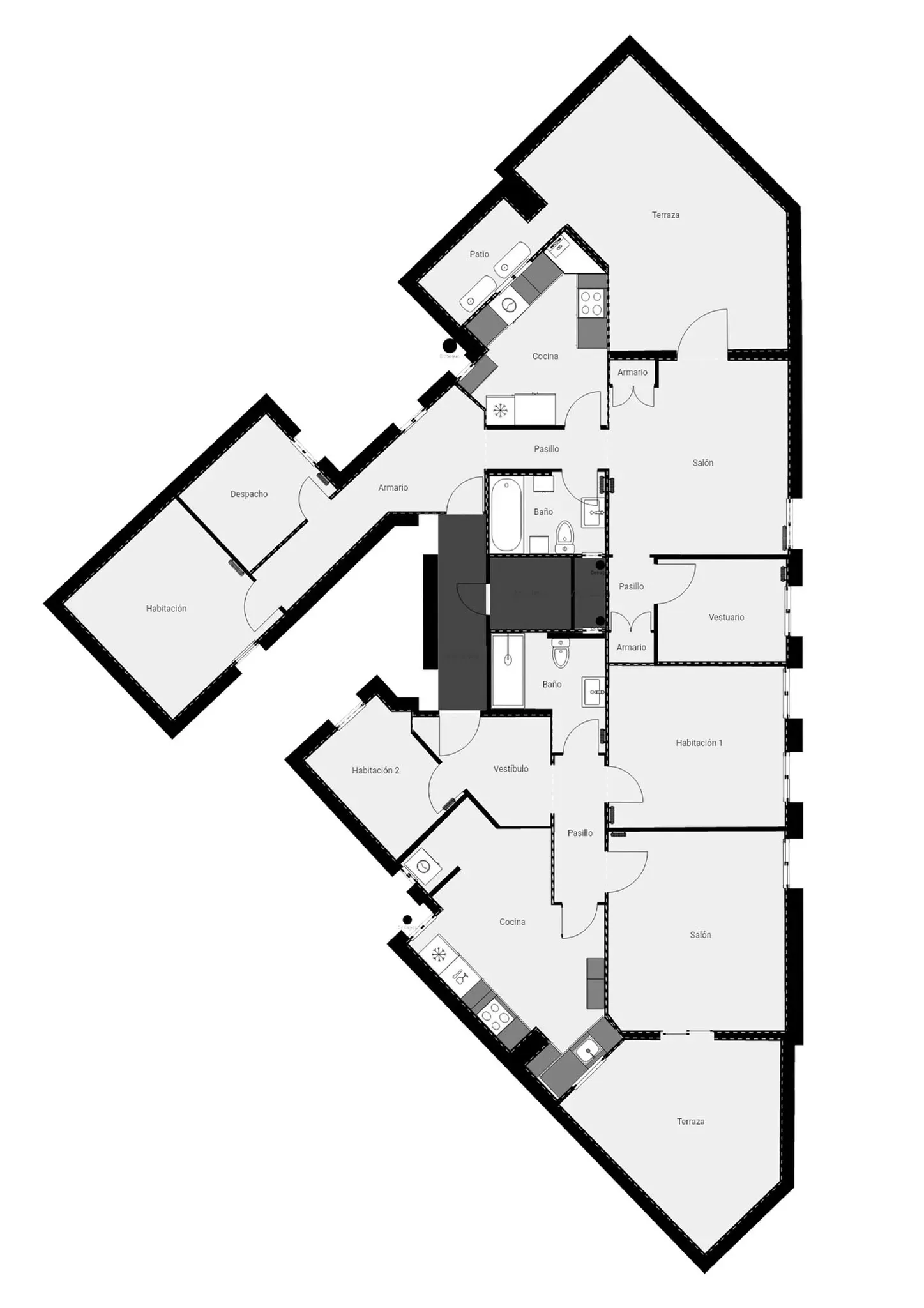 Plano inmobiliario 2D sin medidas de vivienda amplia en Barcelona con varias habitaciones, dos salones, cocinas, baños, despacho, patios y terrazas