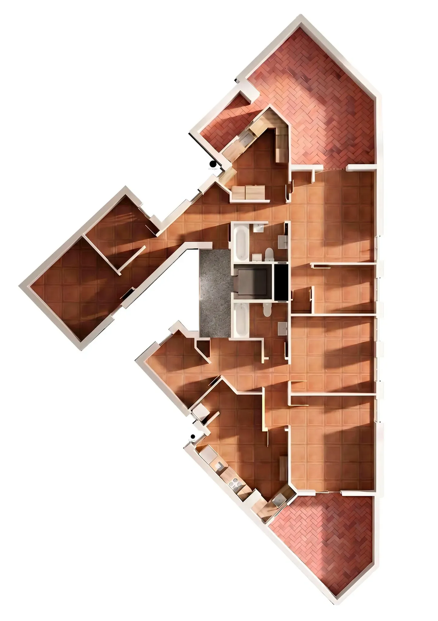 Plano inmobiliario 3D sin medidas de vivienda amplia en Barcelona con varias estancias, baños, cocinas, zonas exteriores y terrazas