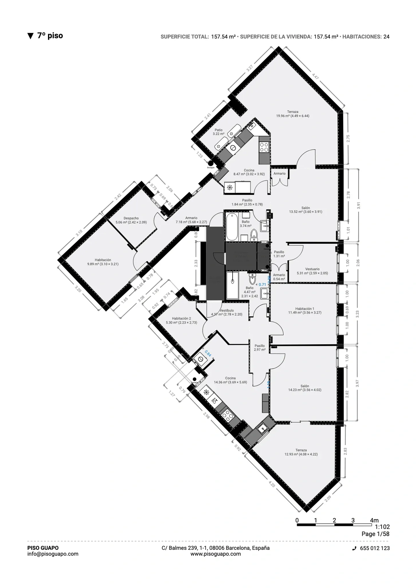 Plano inmobiliario 2D con medidas del séptimo piso en Barcelona, vivienda de 157,54 m² con salones, cocinas, habitaciones, baños, despacho y terrazas