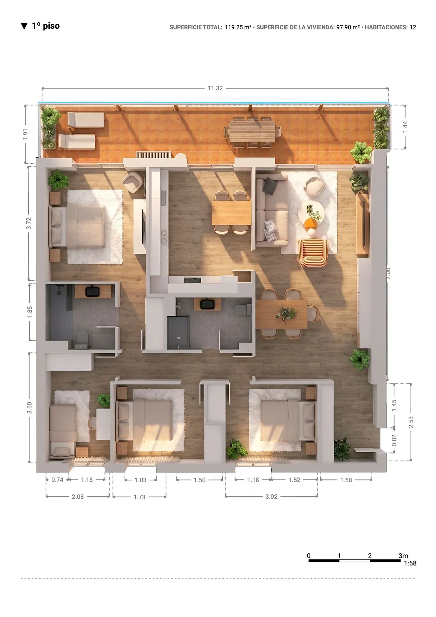 Plano inmobiliario 3D con medidas del primer piso en Barcelona, vivienda de 97,90 m² con terraza amplia, salón comedor, cocina, dormitorios y baños