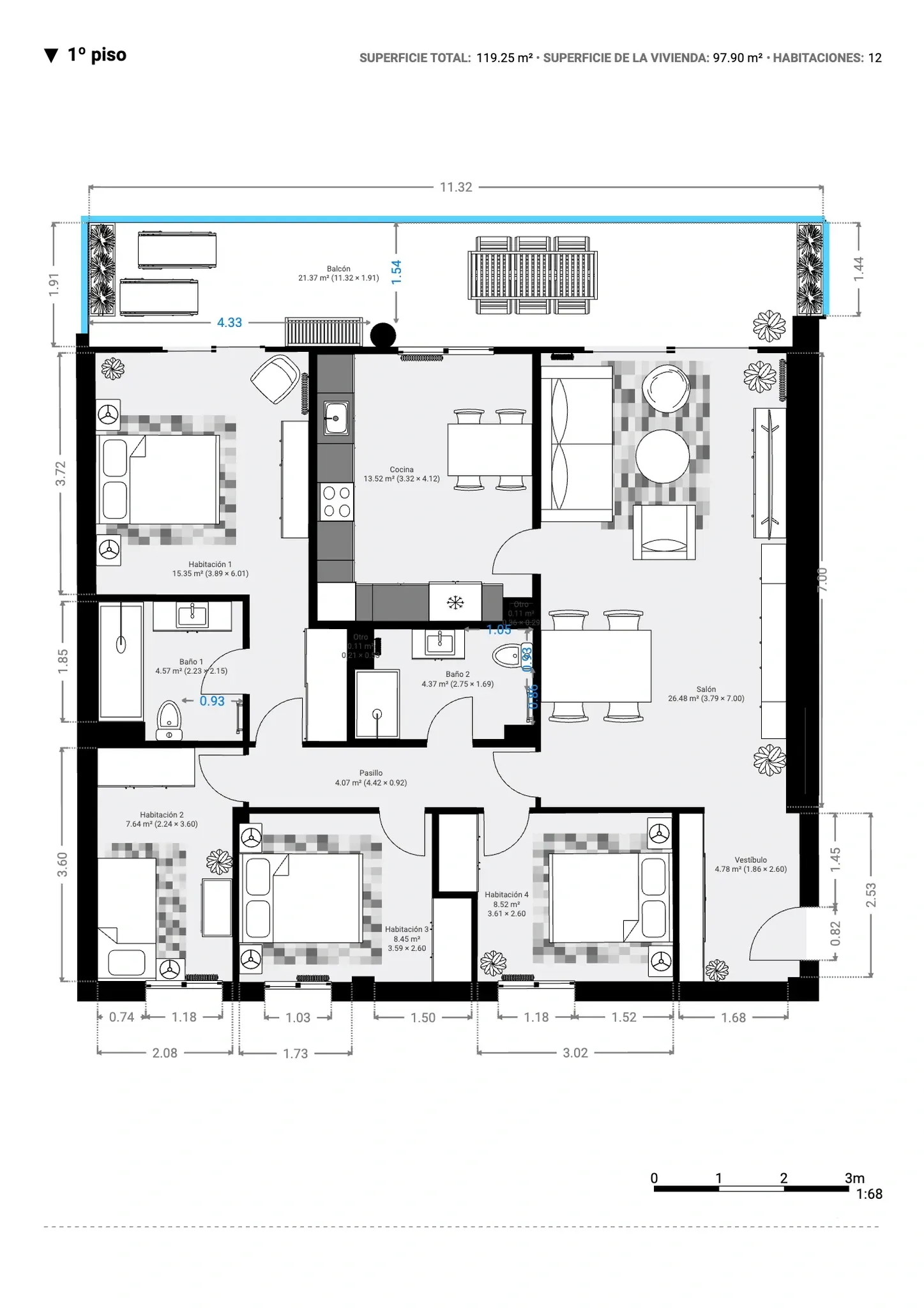 Plano inmobiliario 2D con medidas del primer piso en Barcelona, vivienda de 97,90 m² con salón, cocina, tres habitaciones, dos baños y gran balcón