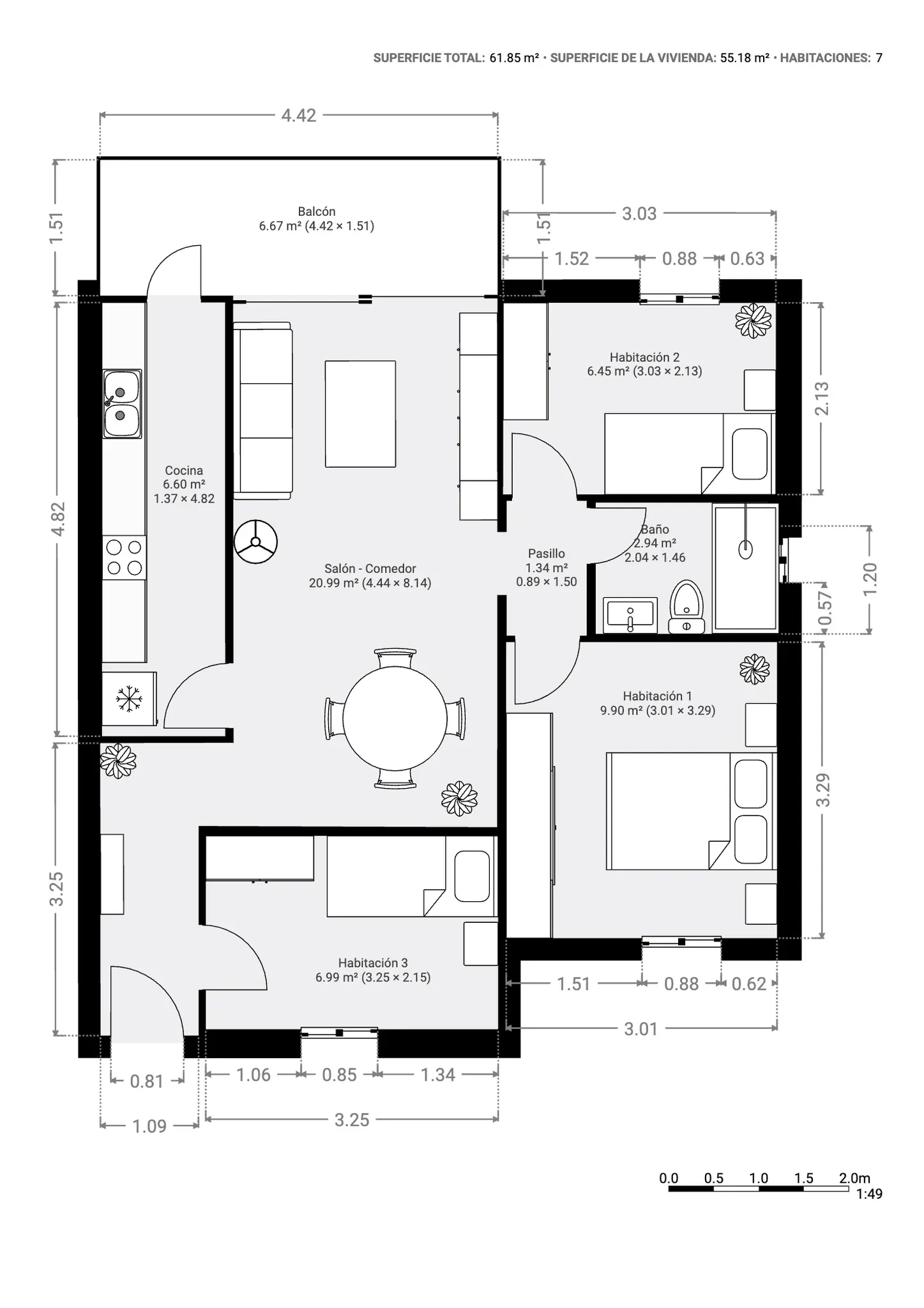 Plano inmobiliario 2D con medidas de vivienda en Barcelona, superficie de 55,18 m² con salón comedor, cocina, tres habitaciones, baño y balcón
