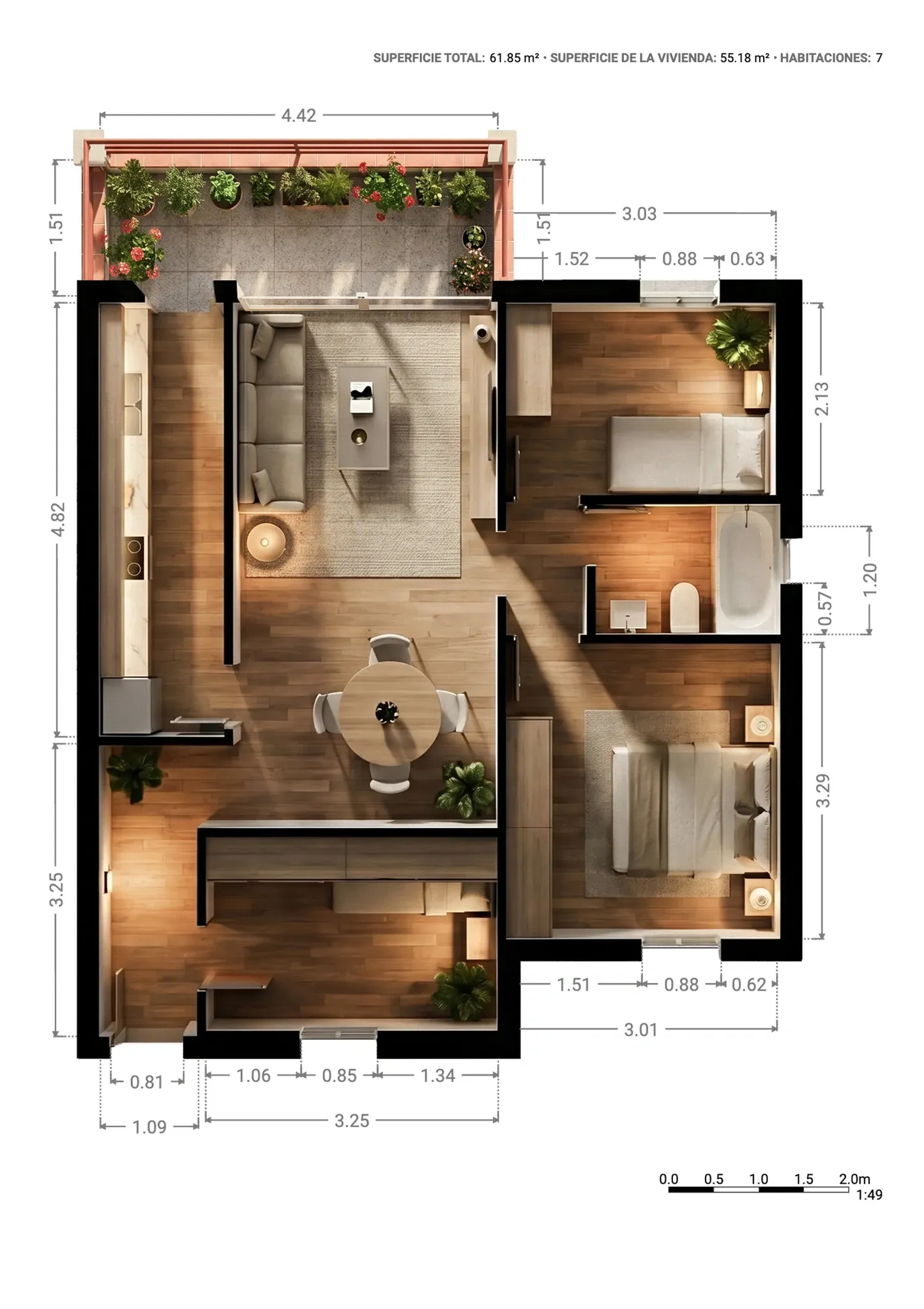 Plano inmobiliario 3D con medidas de vivienda en Barcelona con salón comedor, cocina, tres dormitorios, baño y balcón con plantas
