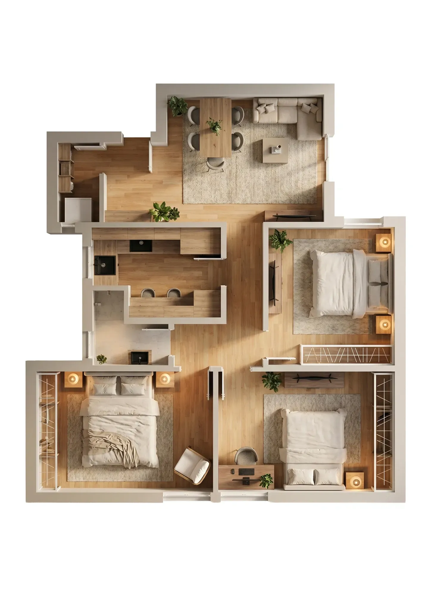Plano inmobiliario 3D de vivienda en Barcelona con salón comedor, cocina, tres dormitorios, baño, lavandería y distribución amueblada