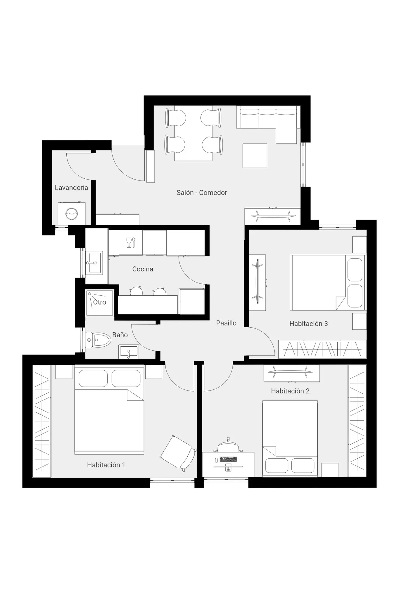 Plano inmobiliario 2D sin medidas de vivienda en Barcelona con salón comedor, cocina, tres habitaciones, baño, lavandería y pasillo central