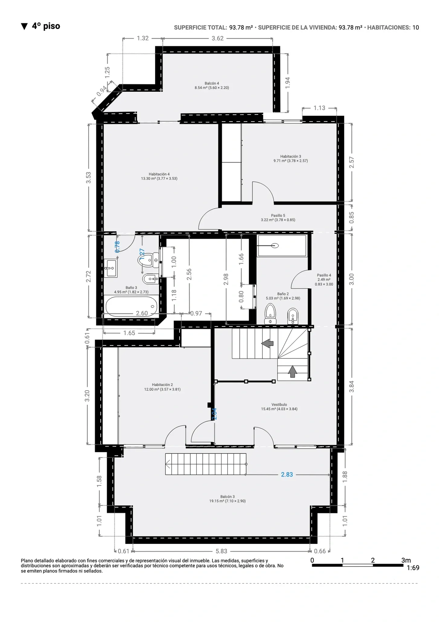 Plano inmobiliario 2D con medidas del cuarto piso en Barcelona, vivienda de 93,78 m² con cuatro habitaciones, dos baños y balcones