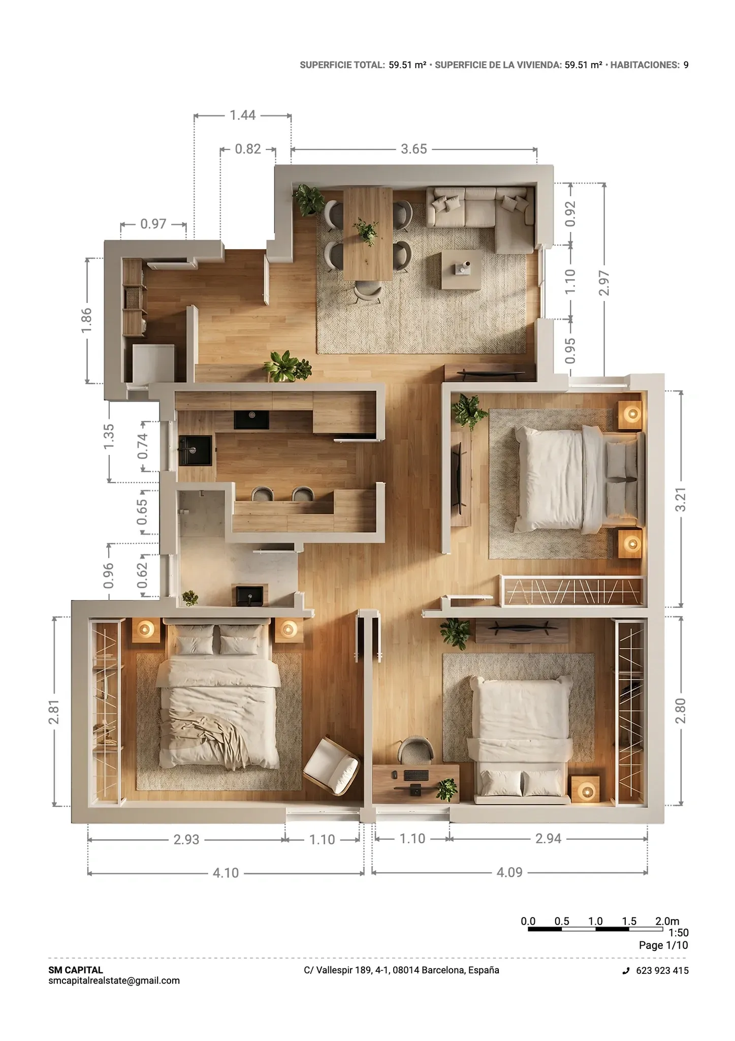 Plano inmobiliario 3D con medidas del primer piso en Barcelona, vivienda de 59,51 m² con salón comedor, cocina, tres habitaciones y baño