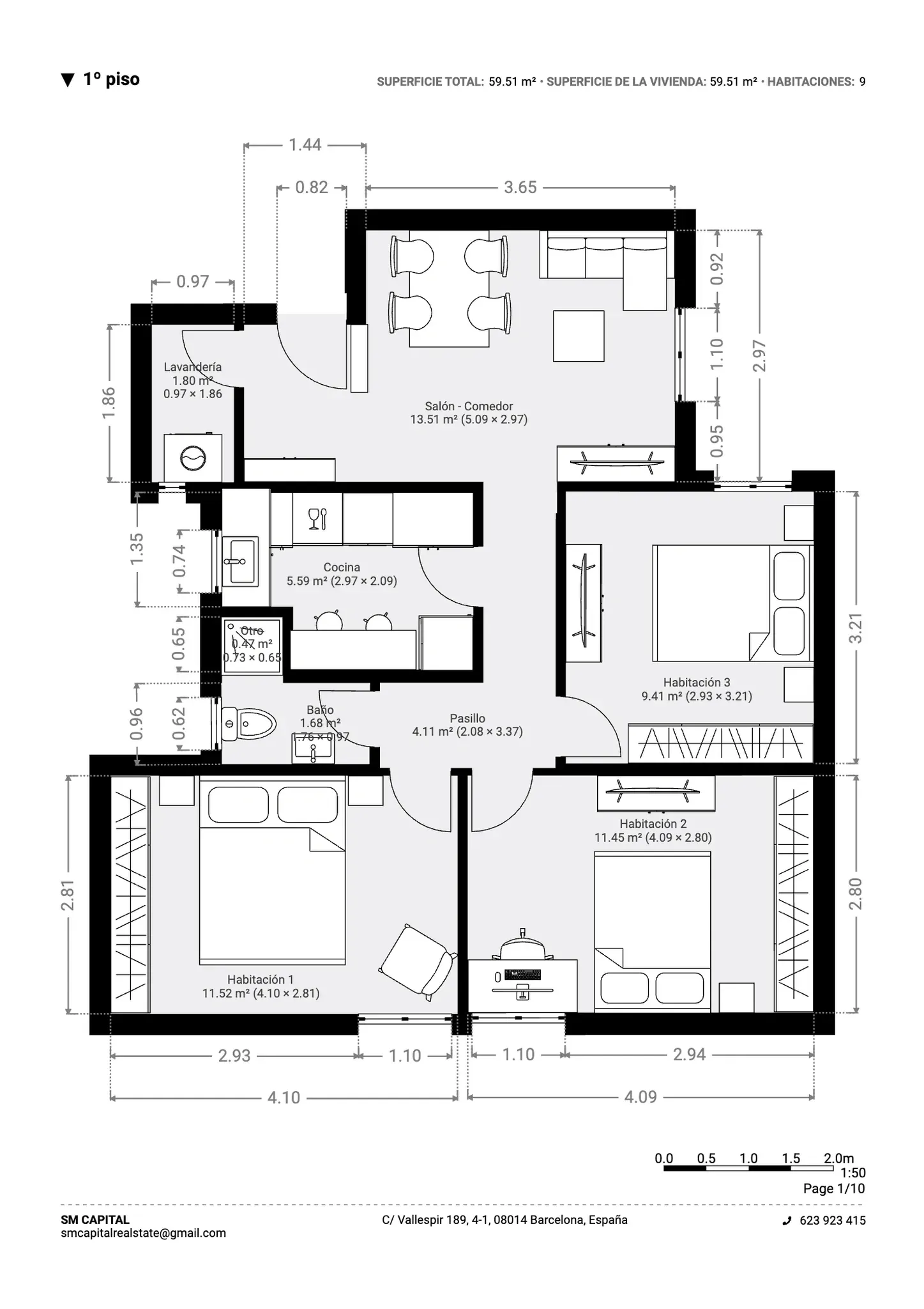 Plano inmobiliario 2D con medidas del primer piso en Barcelona, vivienda de 59,51 m² con salón comedor, cocina, tres habitaciones, baño y lavandería