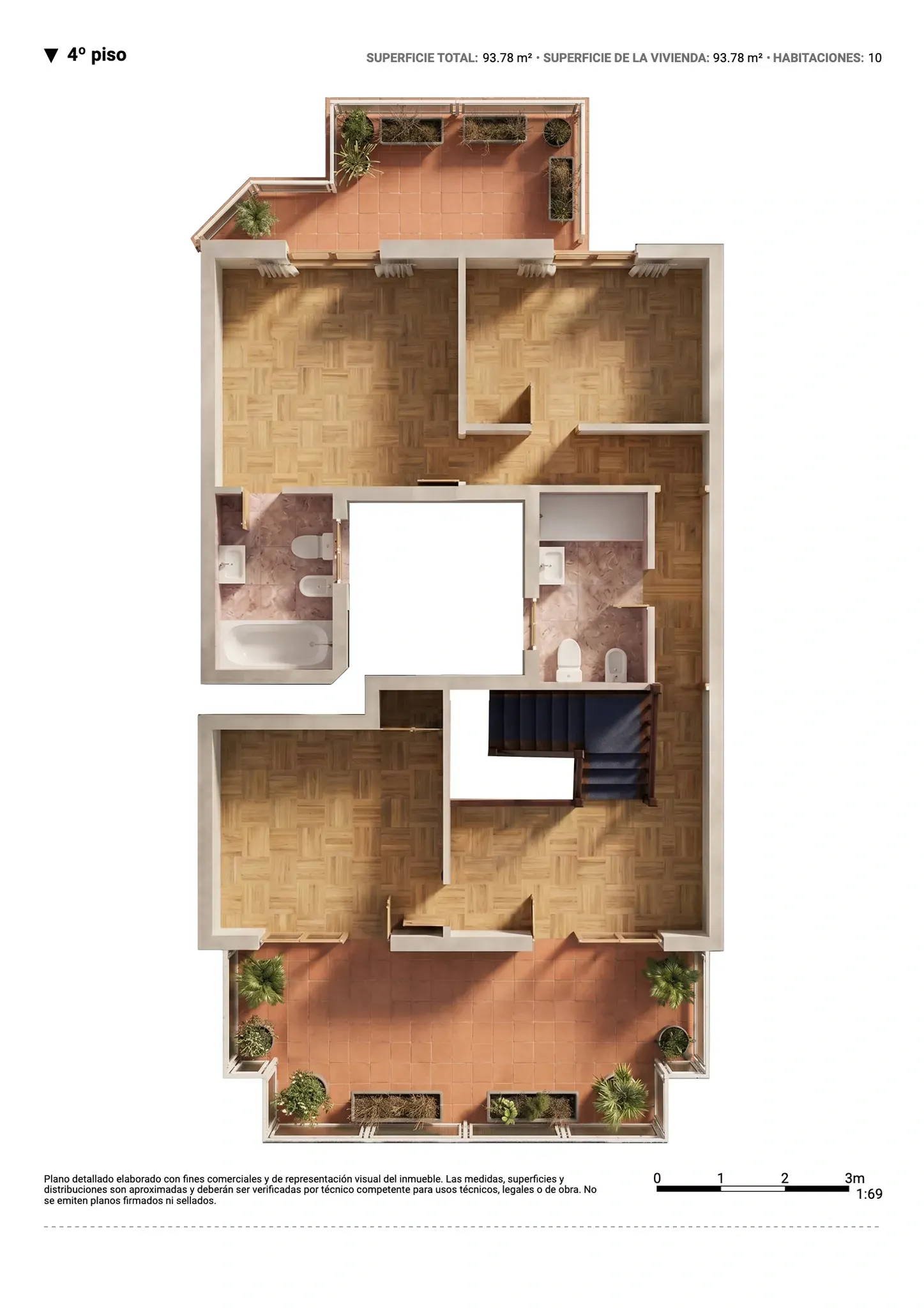 Plano inmobiliario 3D sin medidas del cuarto piso en Barcelona con cuatro habitaciones, dos baños, escaleras y terrazas