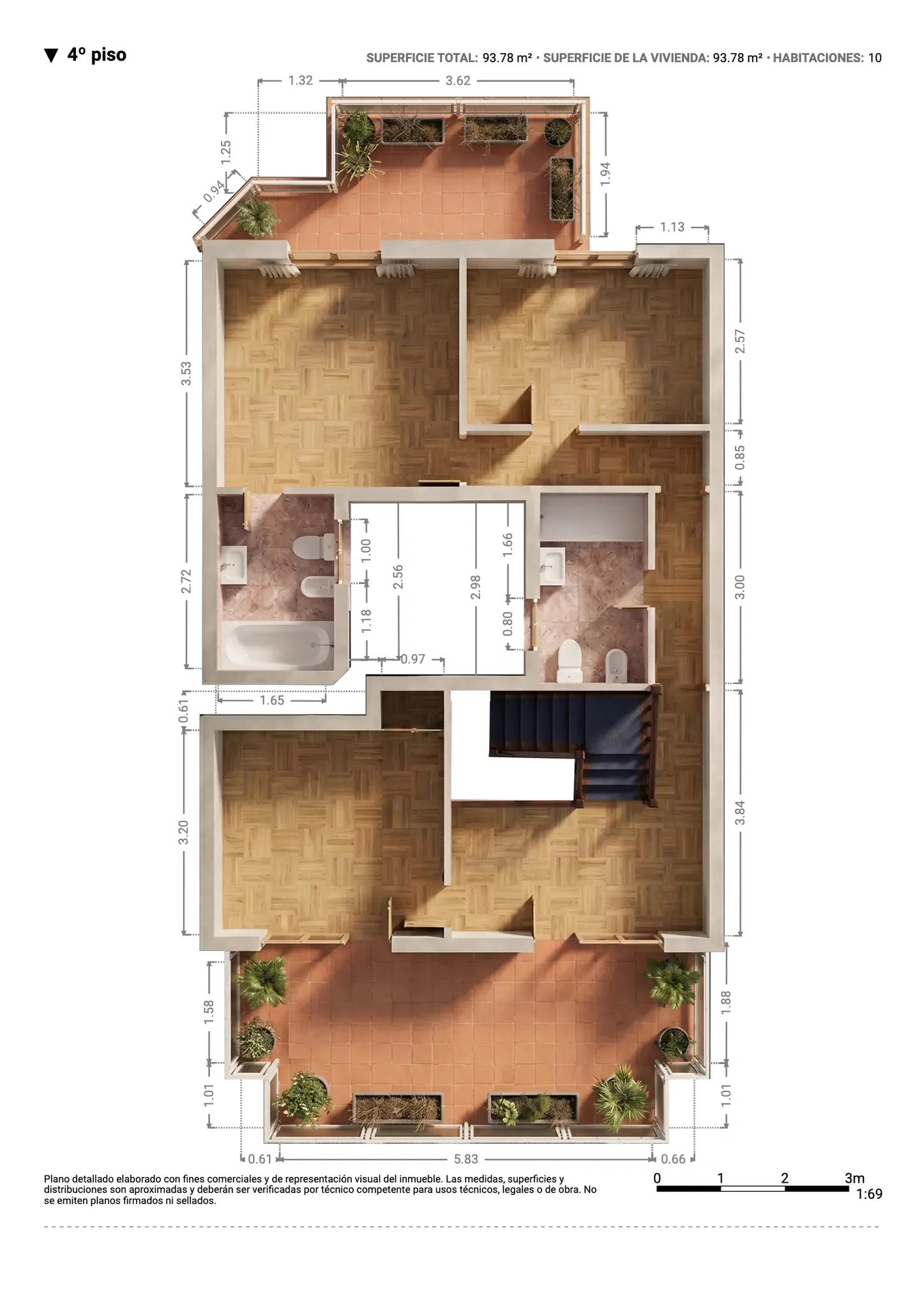 Plano inmobiliario 3D con medidas del cuarto piso en Barcelona, vivienda de 93,78 m² con cuatro habitaciones, dos baños y terrazas