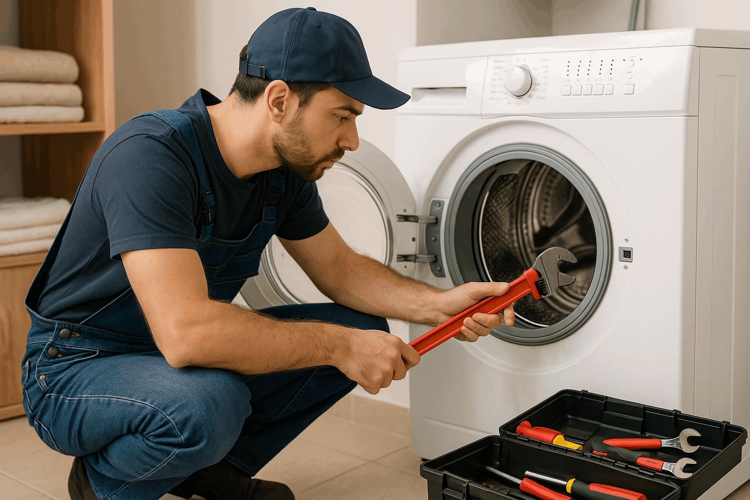 Fontanero arreglando una lavadora