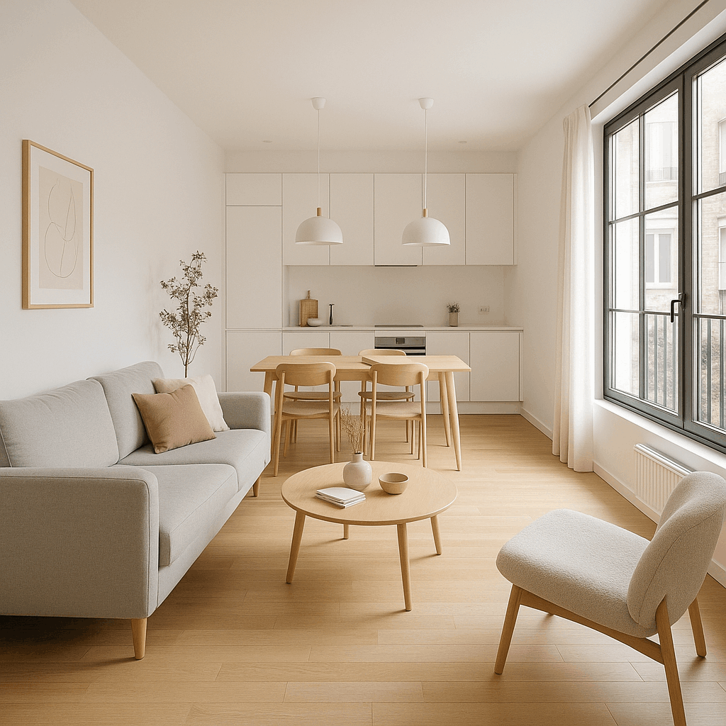 Salón reformado moderno en un piso de Barcelona