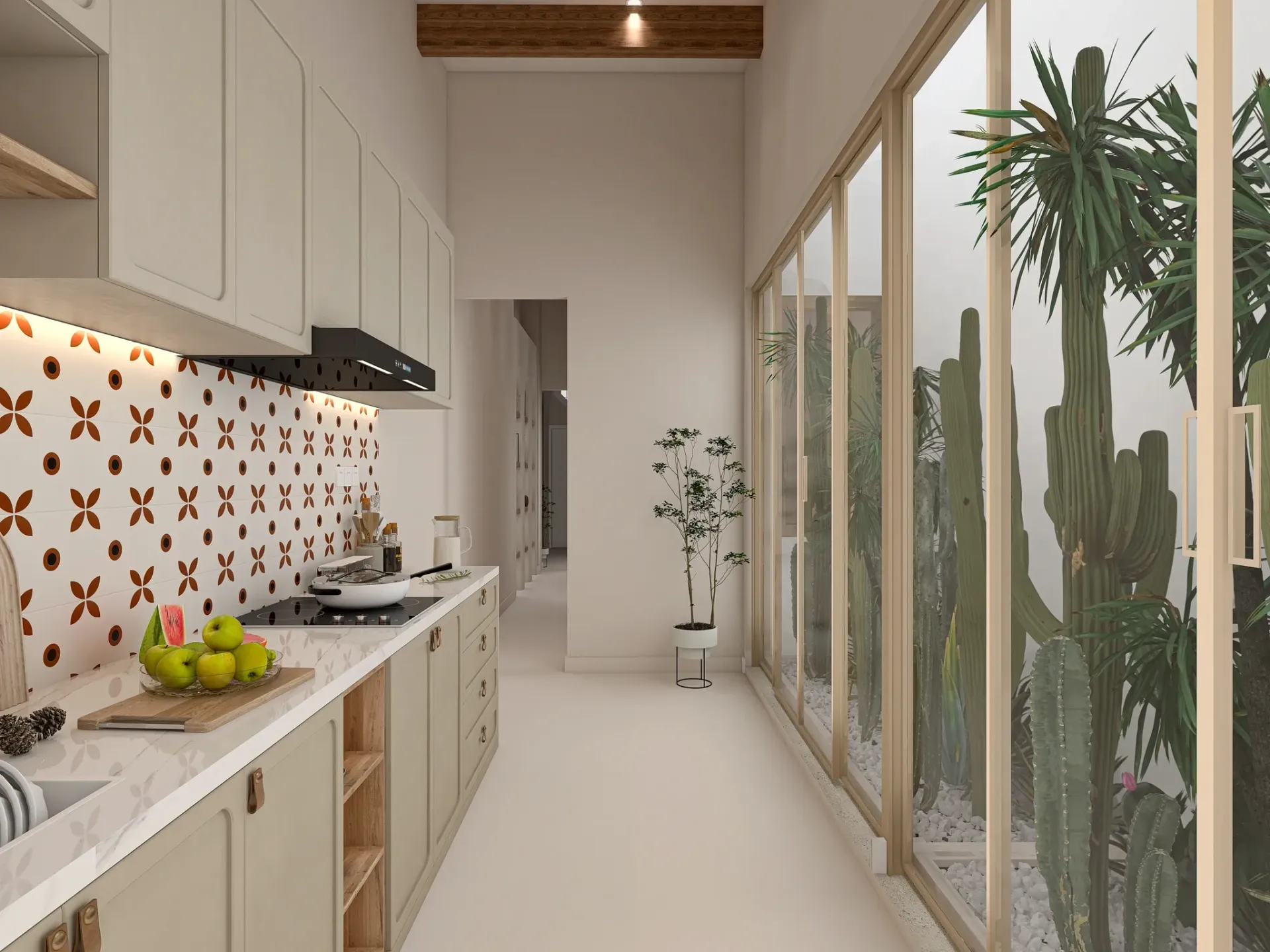 Render inmobiliario de cocina lineal con cristalera, patio interior y azulejo decorativo