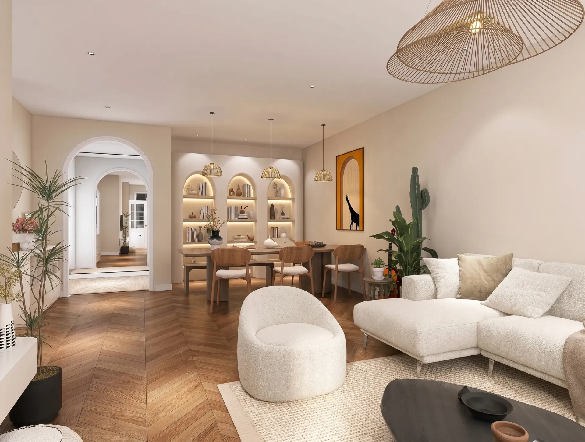 Render inmobiliario de salón comedor con estanterías iluminadas, arco decorativo y sofá blanco