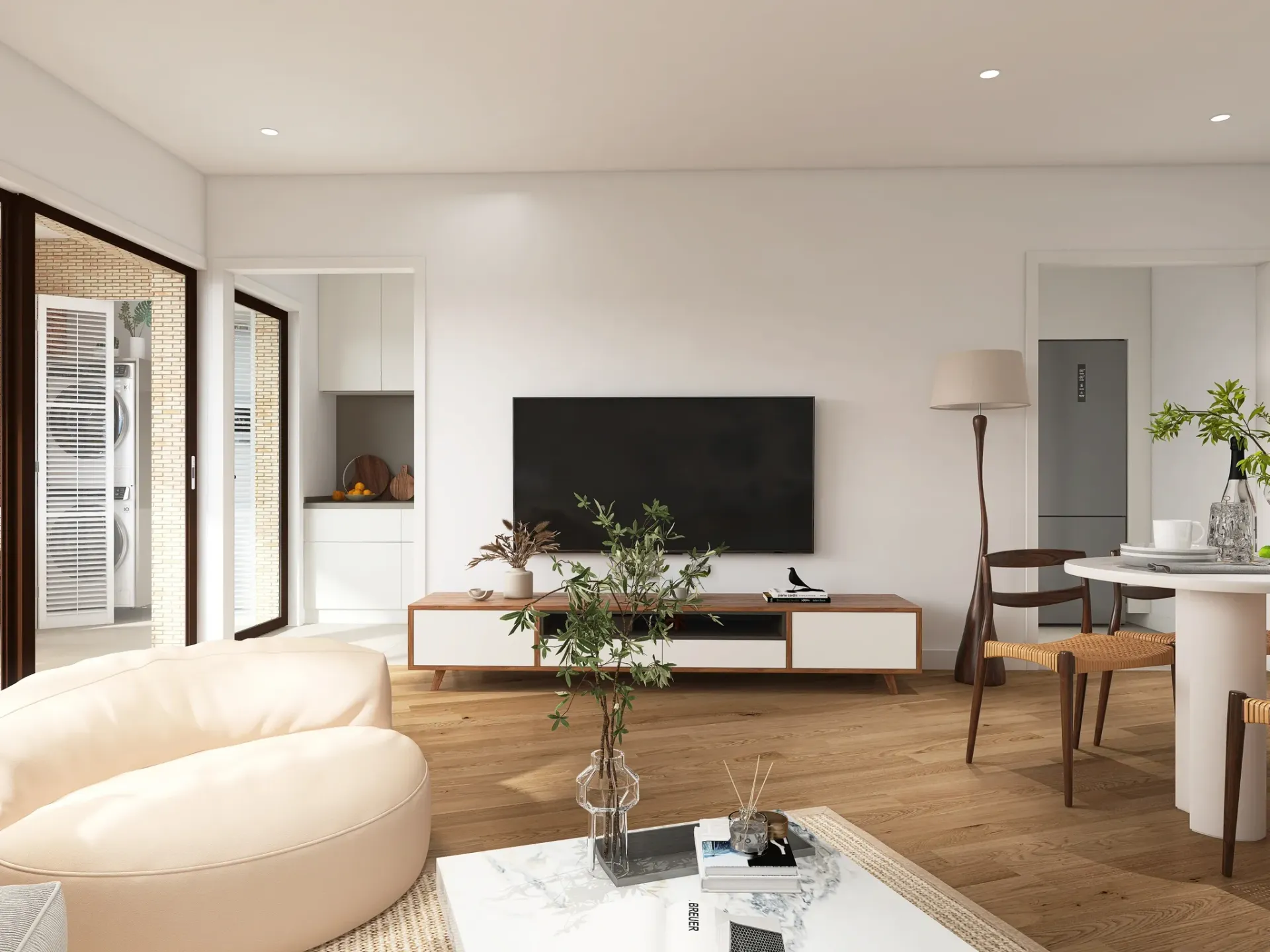 Render inmobiliario de salón moderno con televisión, mesa de centro y luz natural