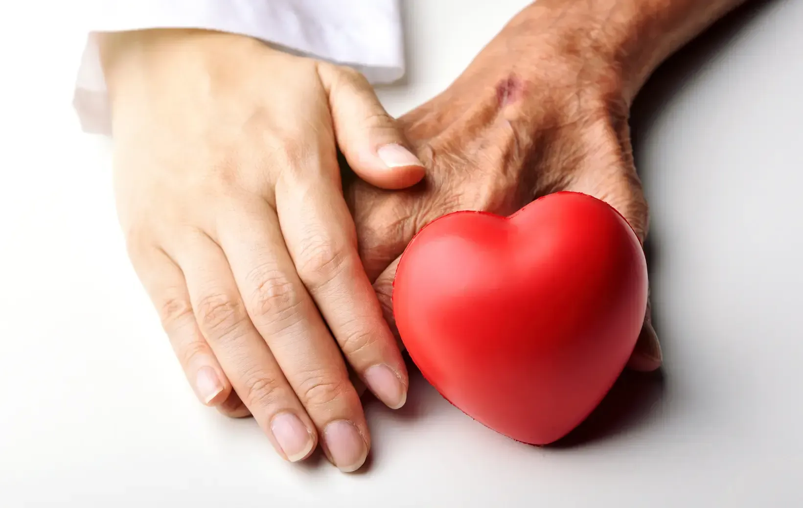 A woman is holding a man 's hand while holding a red heart.
