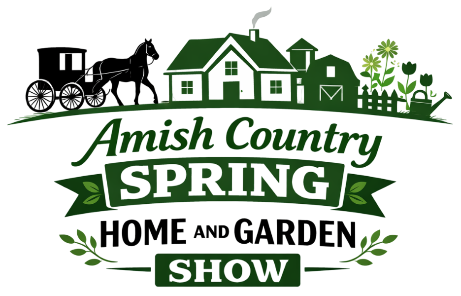 Amish Country Spring Home and Garden Show logo: horse-drawn carriage, farmhouse, barn, flowers, green and white.
