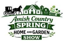 Amish Country Spring Home and Garden Show logo: horse-drawn carriage, farmhouse, barn, flowers, green and white.