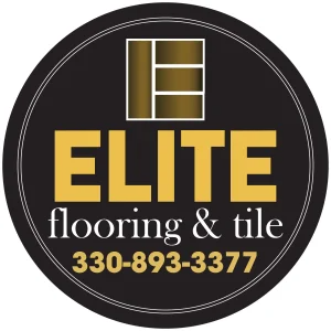 Logo for Elite Flooring & Tile, black and gold circle with flooring icon, text and phone number.