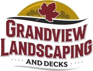 Grandview Landscaping logo with burgundy text, a maple leaf, and gold and brown background.
