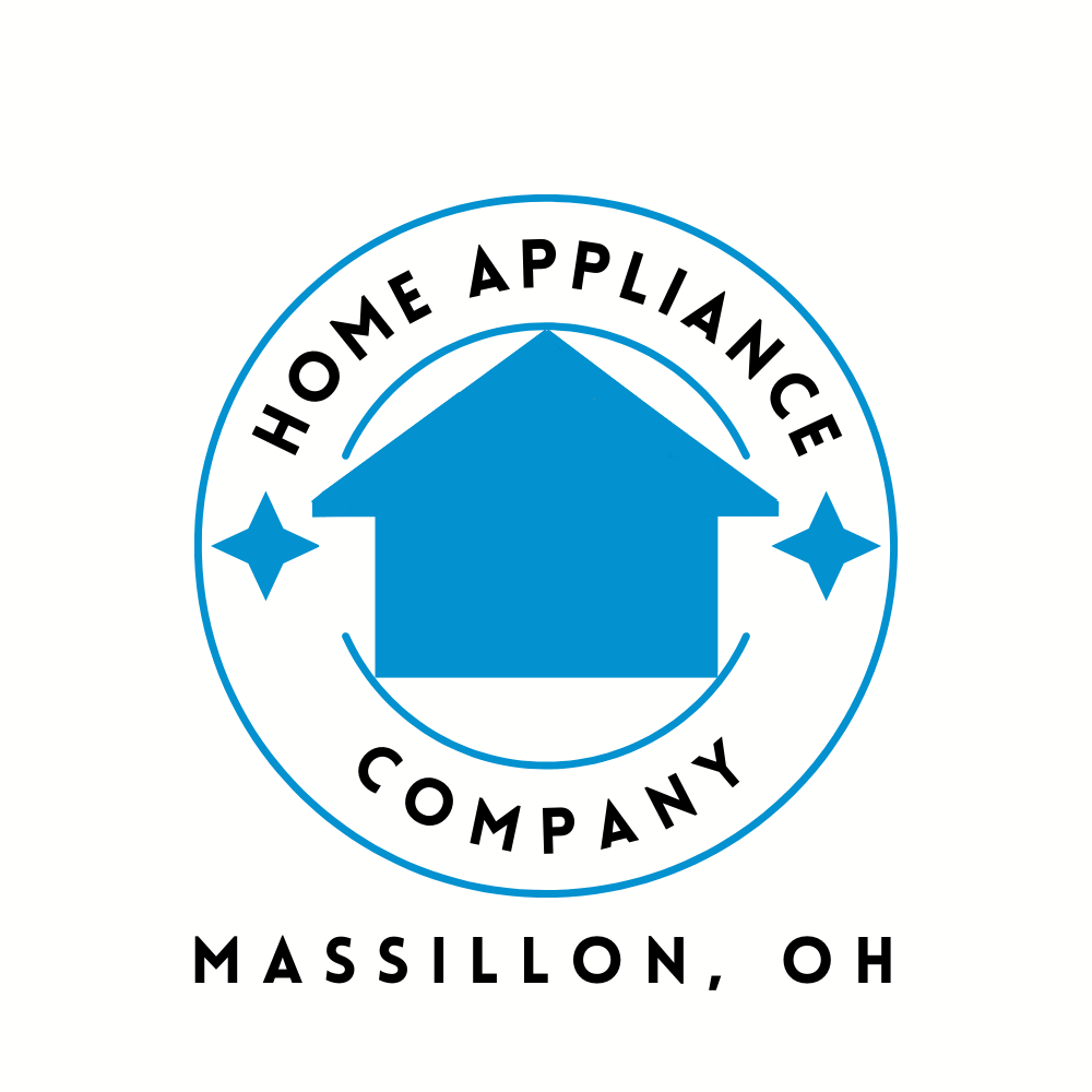 Logo for Home Appliance Company of Massillon, OH. Blue house inside blue circle with text and stars.