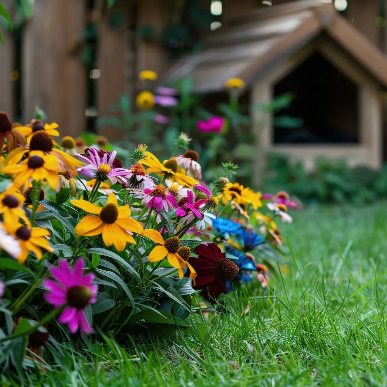 Colorful flowers in a garden bed with a wooden dog house and fence in the background.