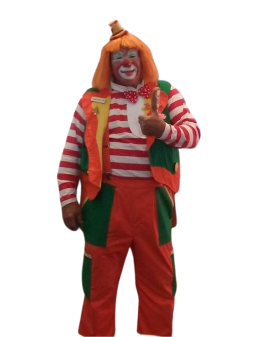 Clown in red/white striped shirt, orange pants, green vest, thumbs up.